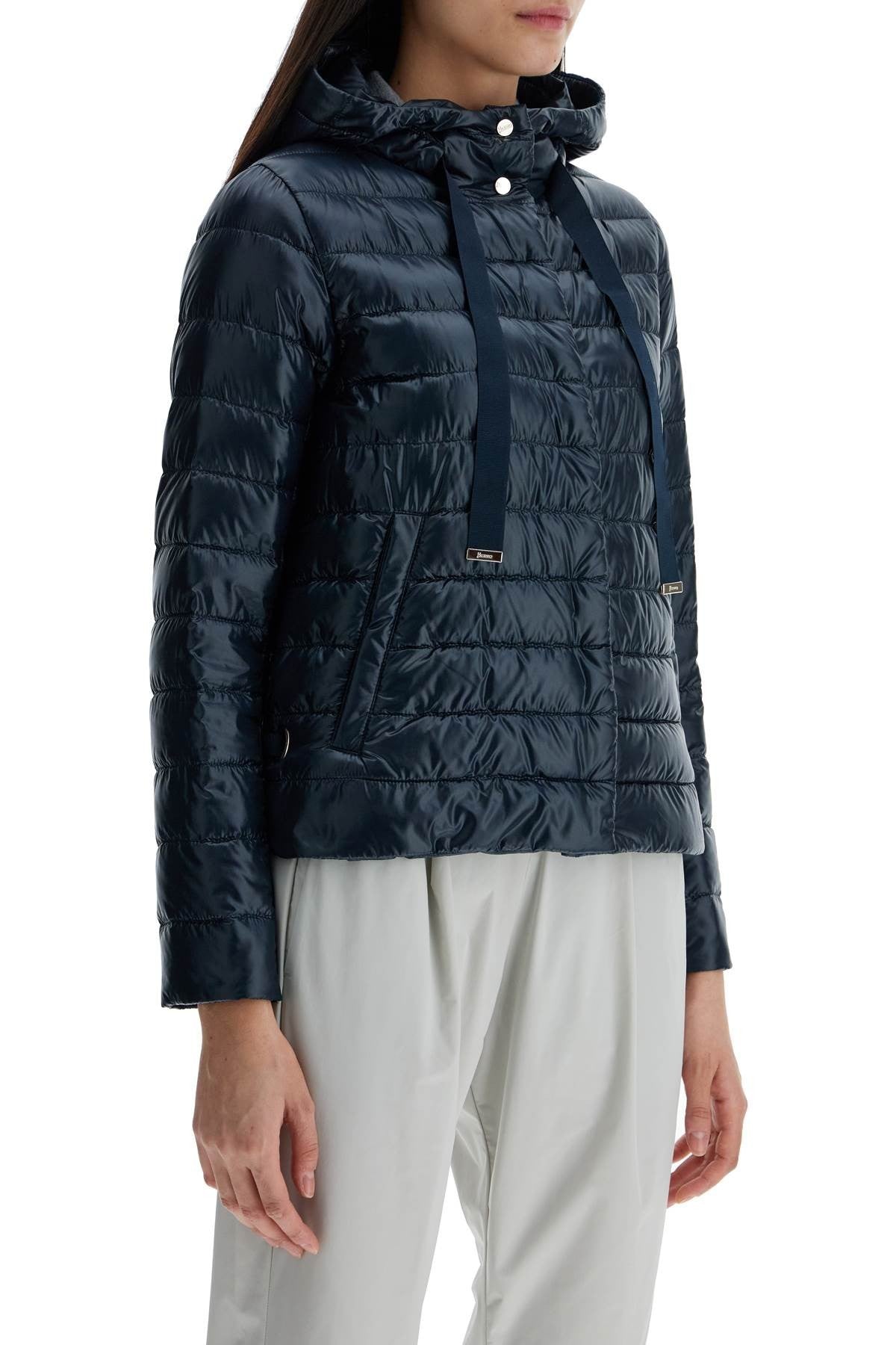 Herno cropped down jacket with hood in ultralight dark blue nylon