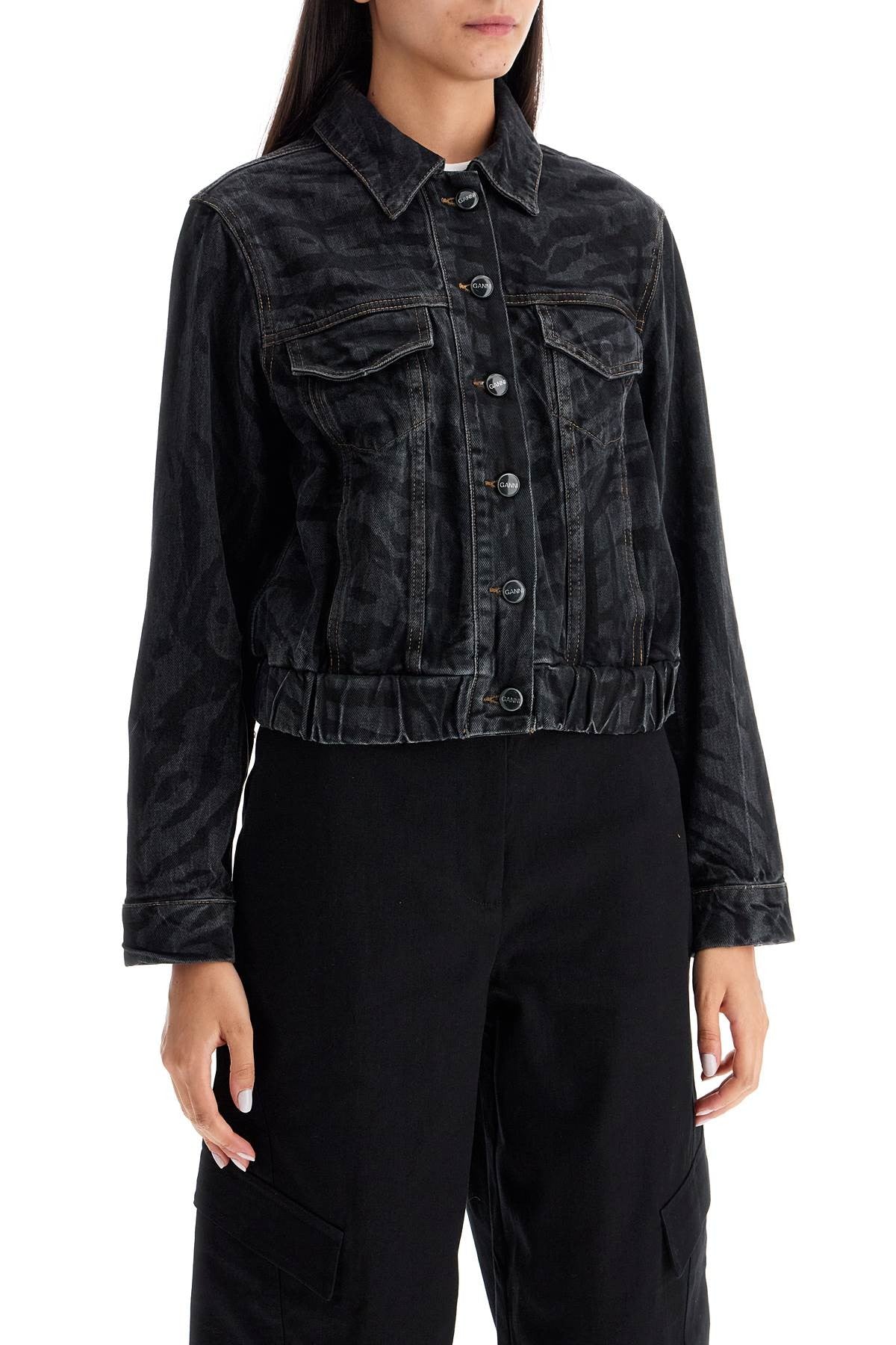 GANNI cut\n\nshort denim jacket with laser-cut