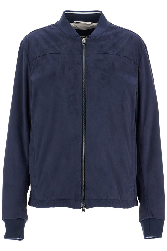 Herno dark blue suede bomber with mandarin collar