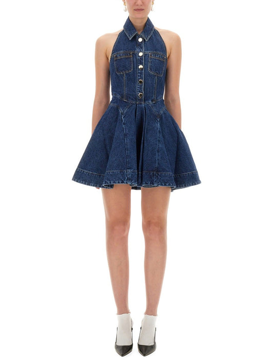 SELF-PORTRAIT DENIM FLARED MINI DRESS