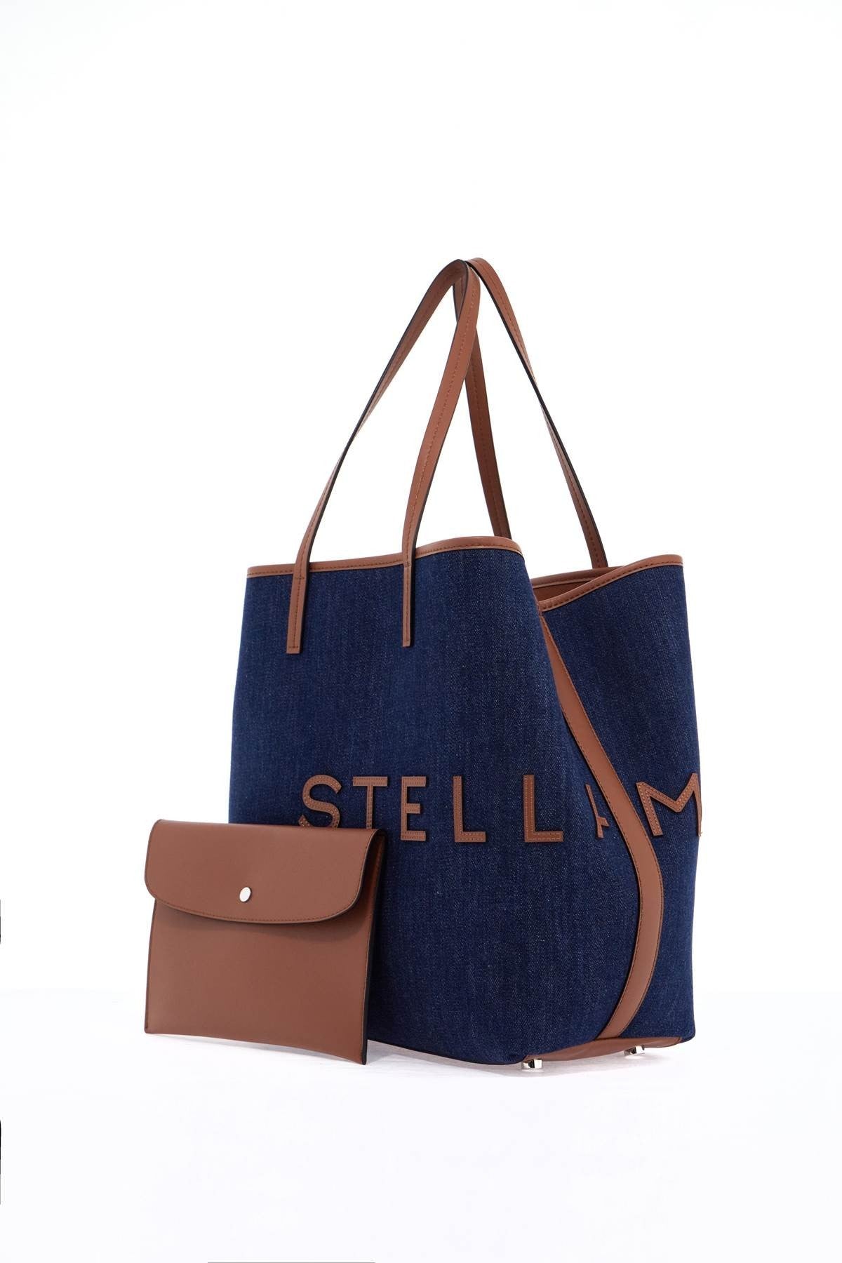 stella mccartney denim tote bag with logo branding