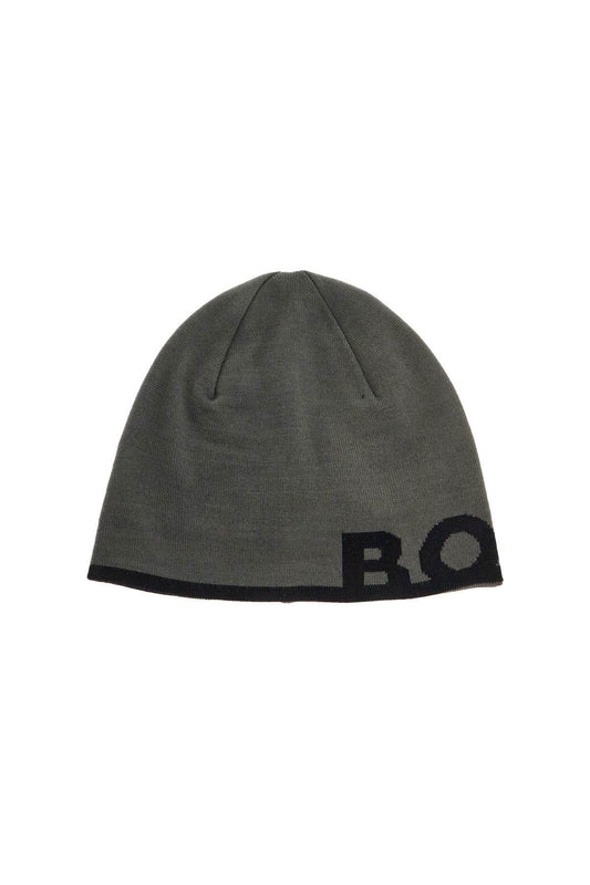 Boss elegant dark gray wool and acrylic beanie with contrasting logo