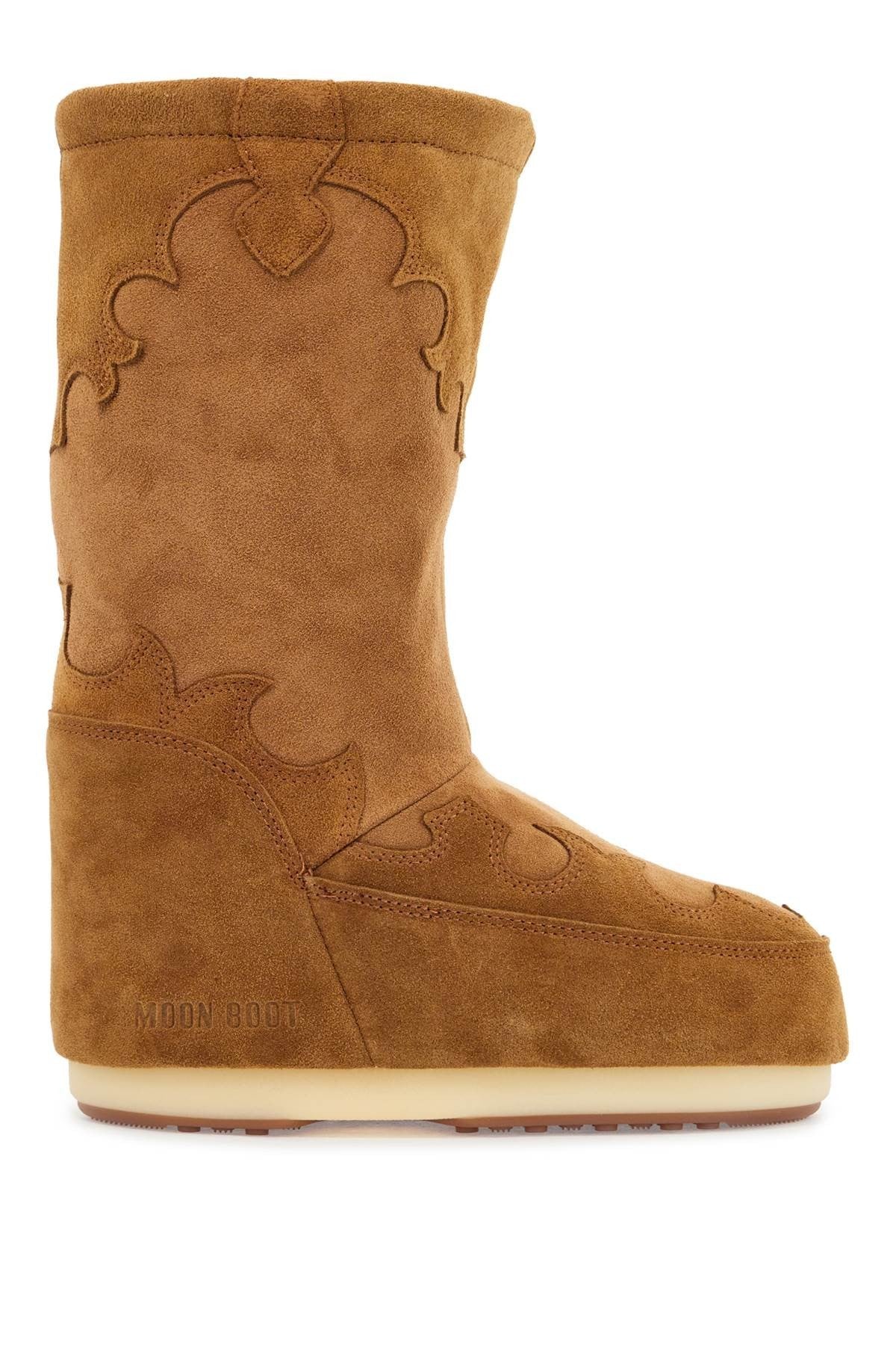 Moon Boot high suede boots in cognac with wedge embroidery