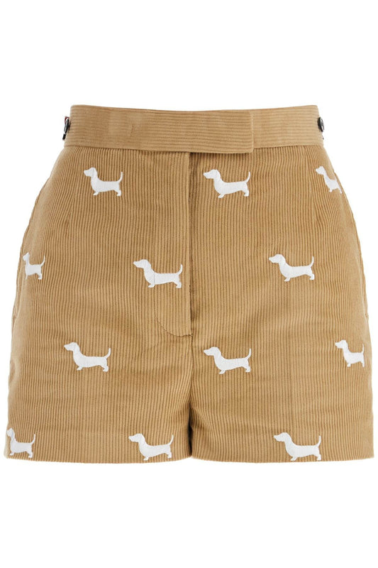 THOM BROWNE khaki corduroy shorts with white dog pattern