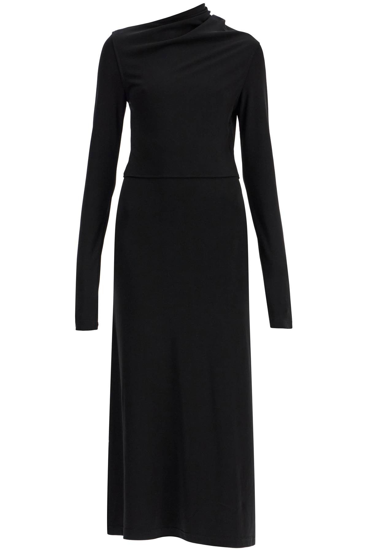 TOTEME long draped dress with wide neckline in black, long sleeve, slim fit to ankle