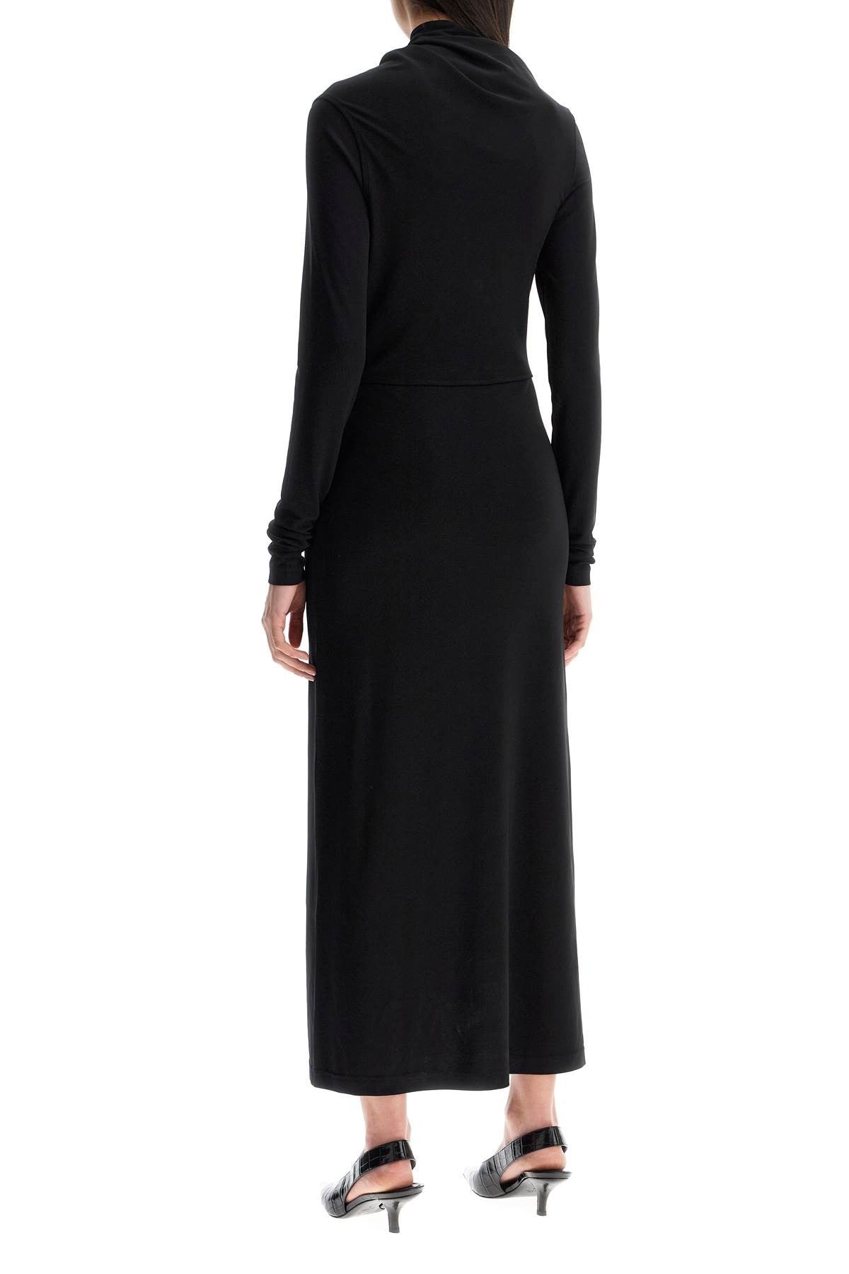 TOTEME long draped dress with wide neckline in black, long sleeve, slim fit to ankle