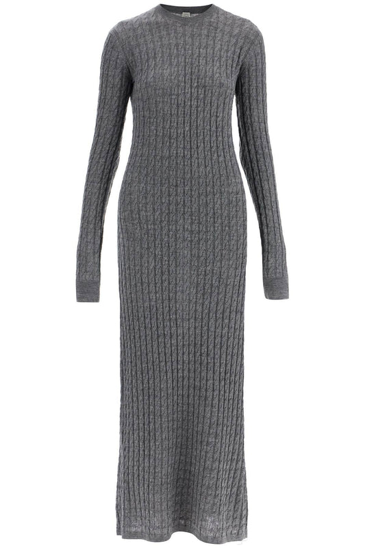 TOTEME long dress in rws wool gray mélange with cable knit pattern