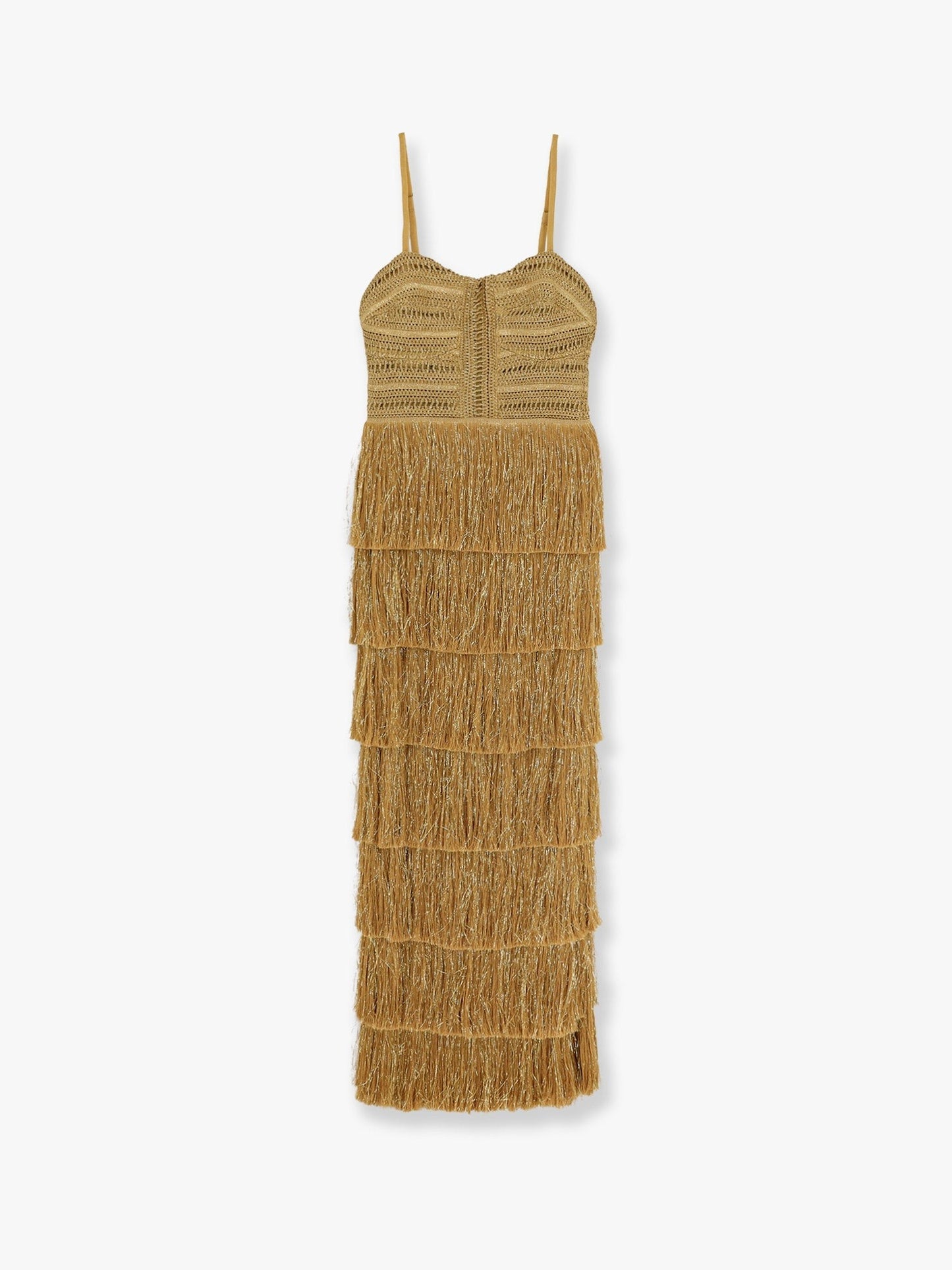 PATBO Long dress with embroidered courset and fringes