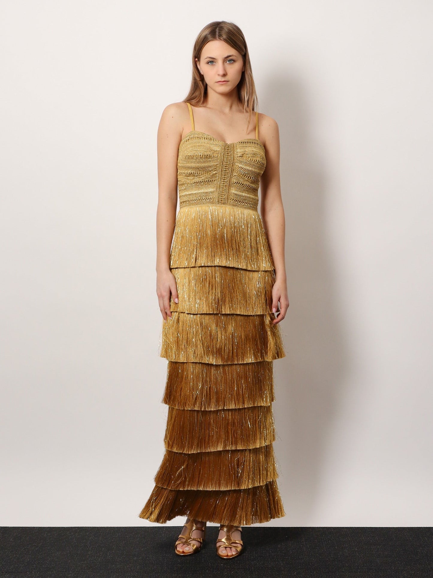 PATBO Long dress with embroidered courset and fringes