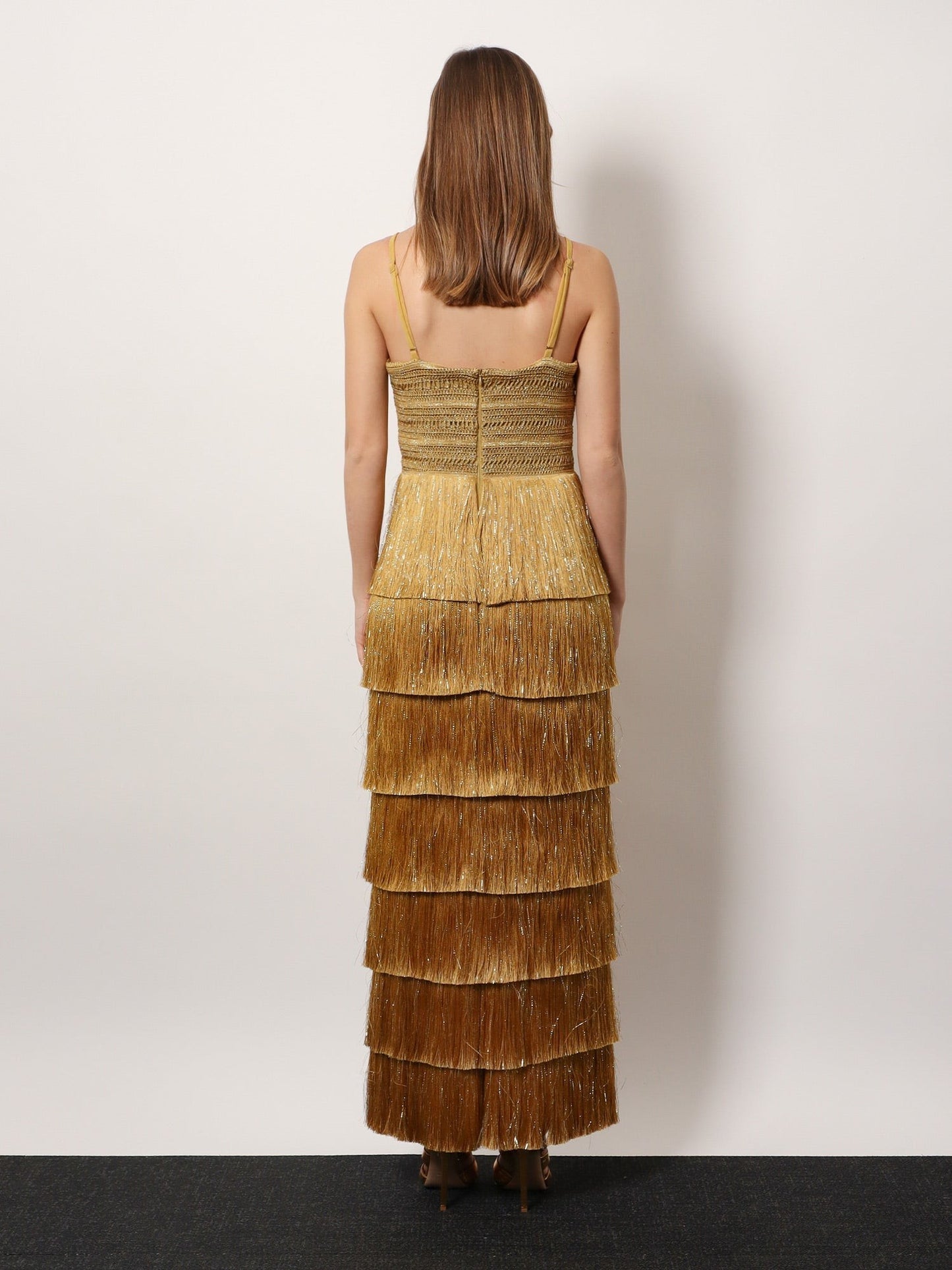PATBO Long dress with embroidered courset and fringes