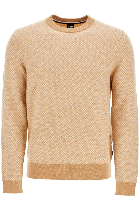 Boss maglia h-eltoro rombo beige medio lana e cotone collo rotondo manica lunga