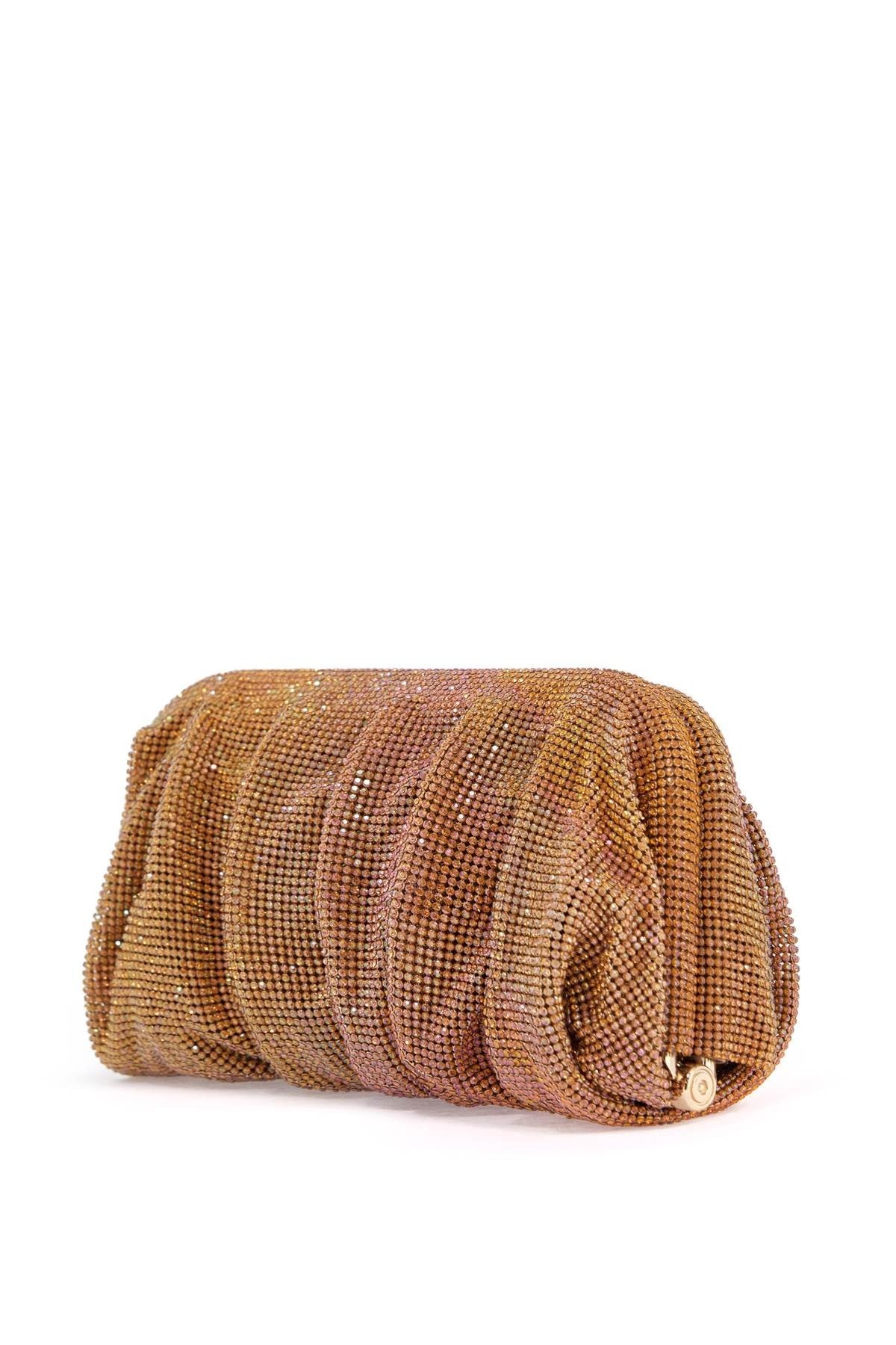 BENEDETTA BRUZZICHES medium gold pleated rhinestone mesh bag for elegant events