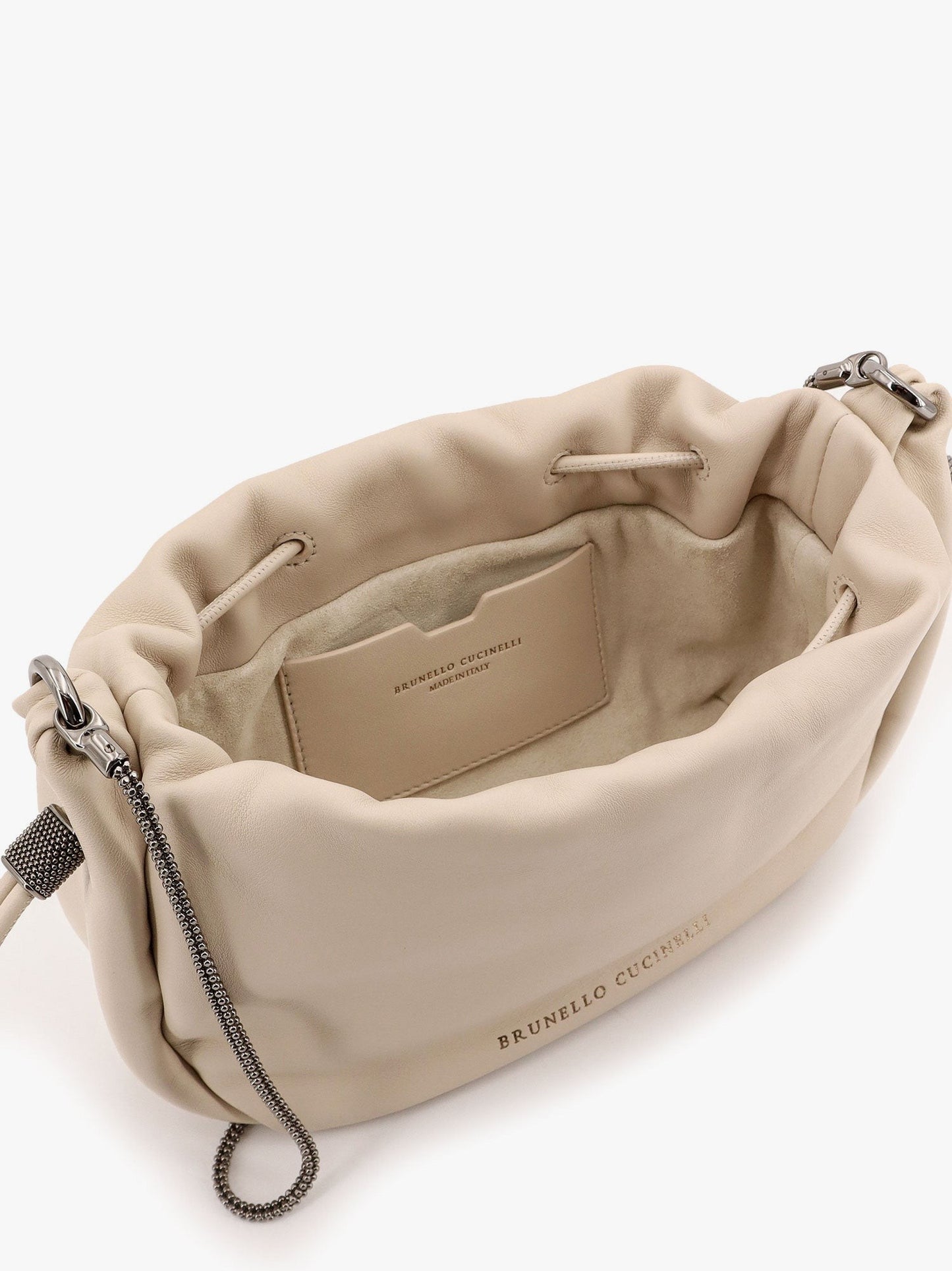 Brunello Cucinelli Mellow mini bucket bag in soft leather with precious chain