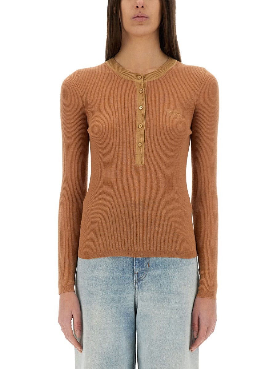 CHLOÉ MERINO WOOL FINE KNIT "HENLEY" SHIRT