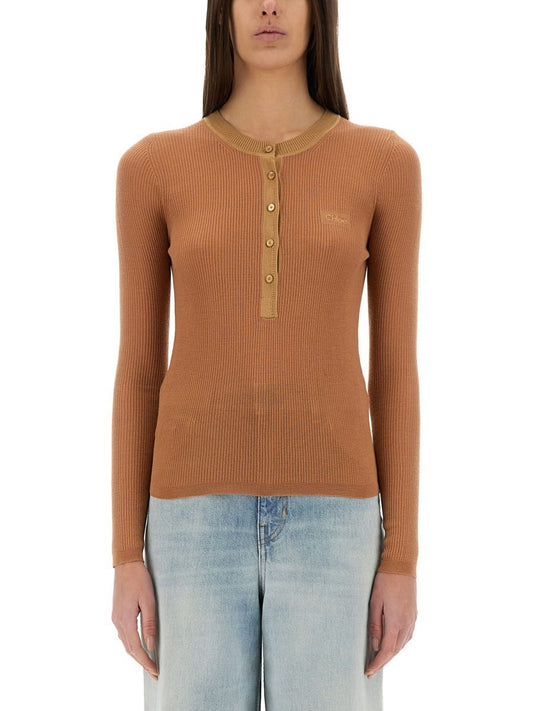 CHLOÉ MERINO WOOL FINE KNIT "HENLEY" SHIRT