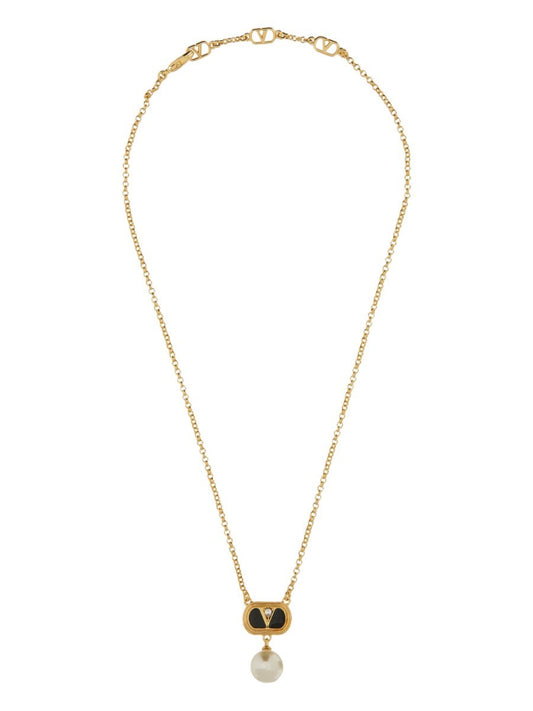 Valentino Garavani METAL "OVALETTE" NECKLACE WITH ENAMEL, CRYSTAL AND SWAROVSKI® PEARL