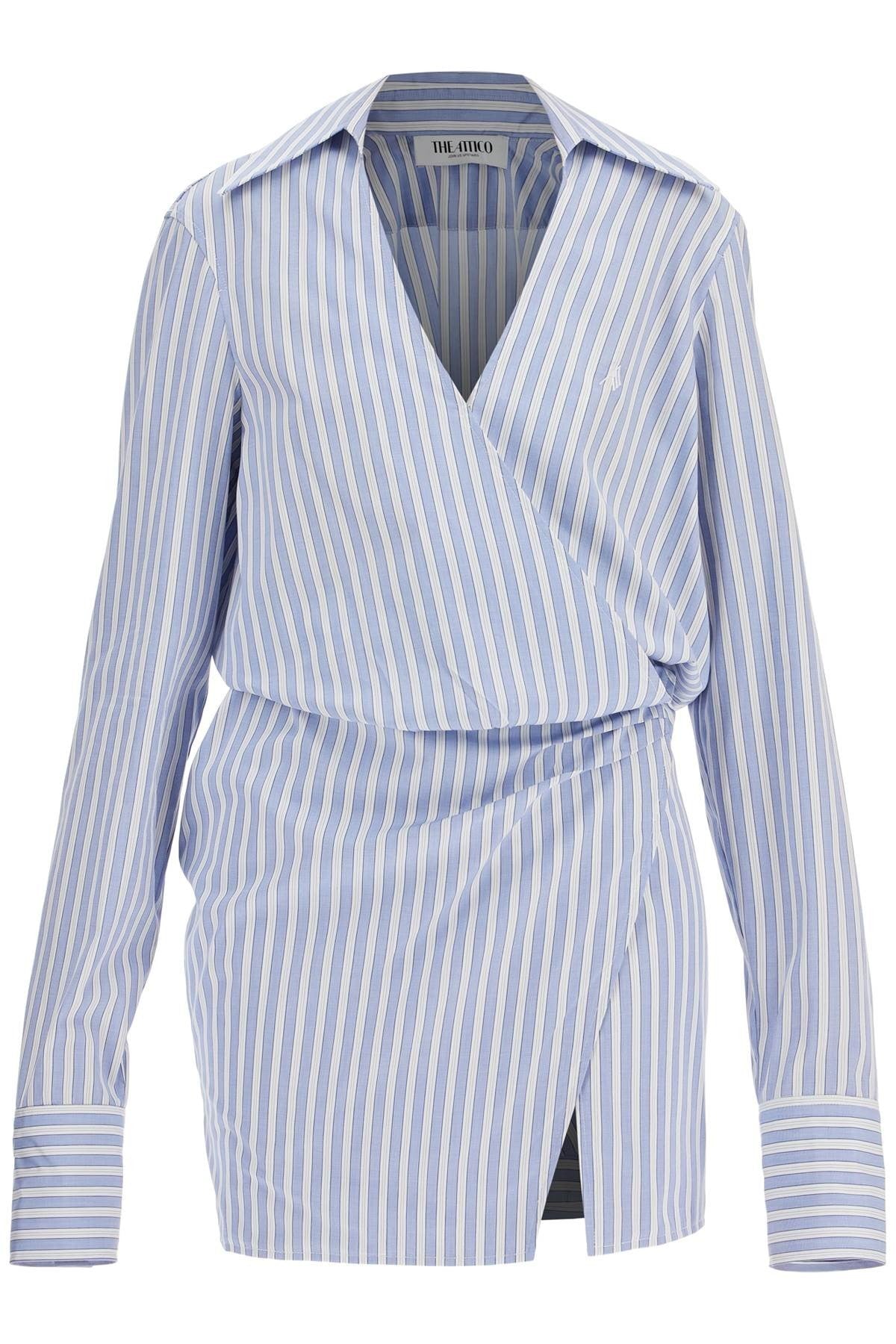 The Attico mini striped dress with v-neck, long sleeves, white and navy blue cotton, tied waist