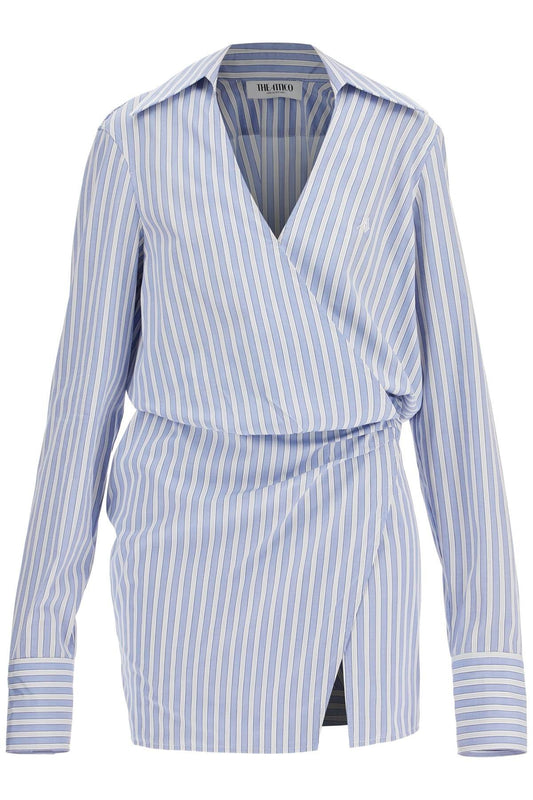 The Attico mini striped dress with v-neck, long sleeves, white and navy blue cotton, tied waist