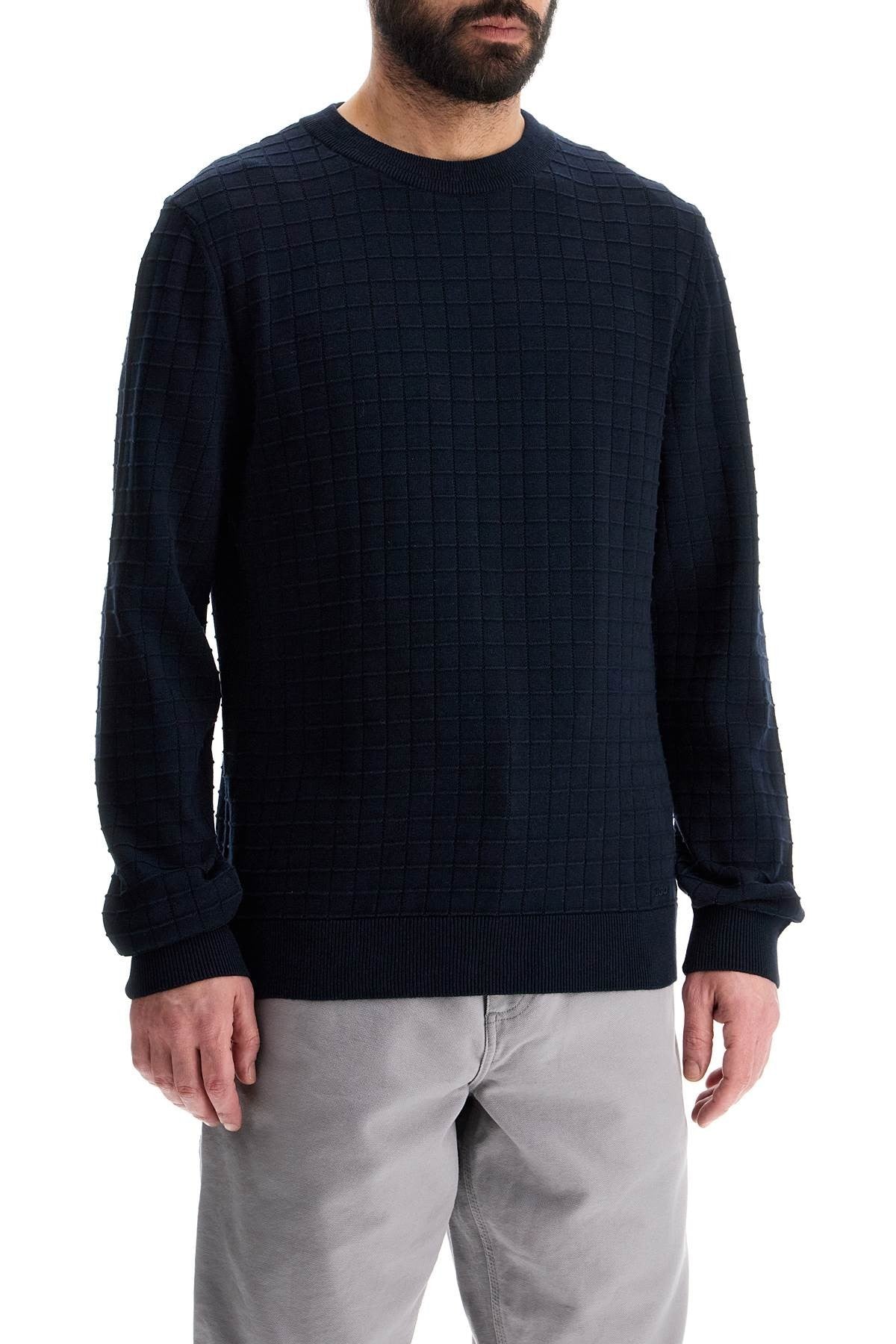 Hugo navy blue cotton sweater with round neck regular fit