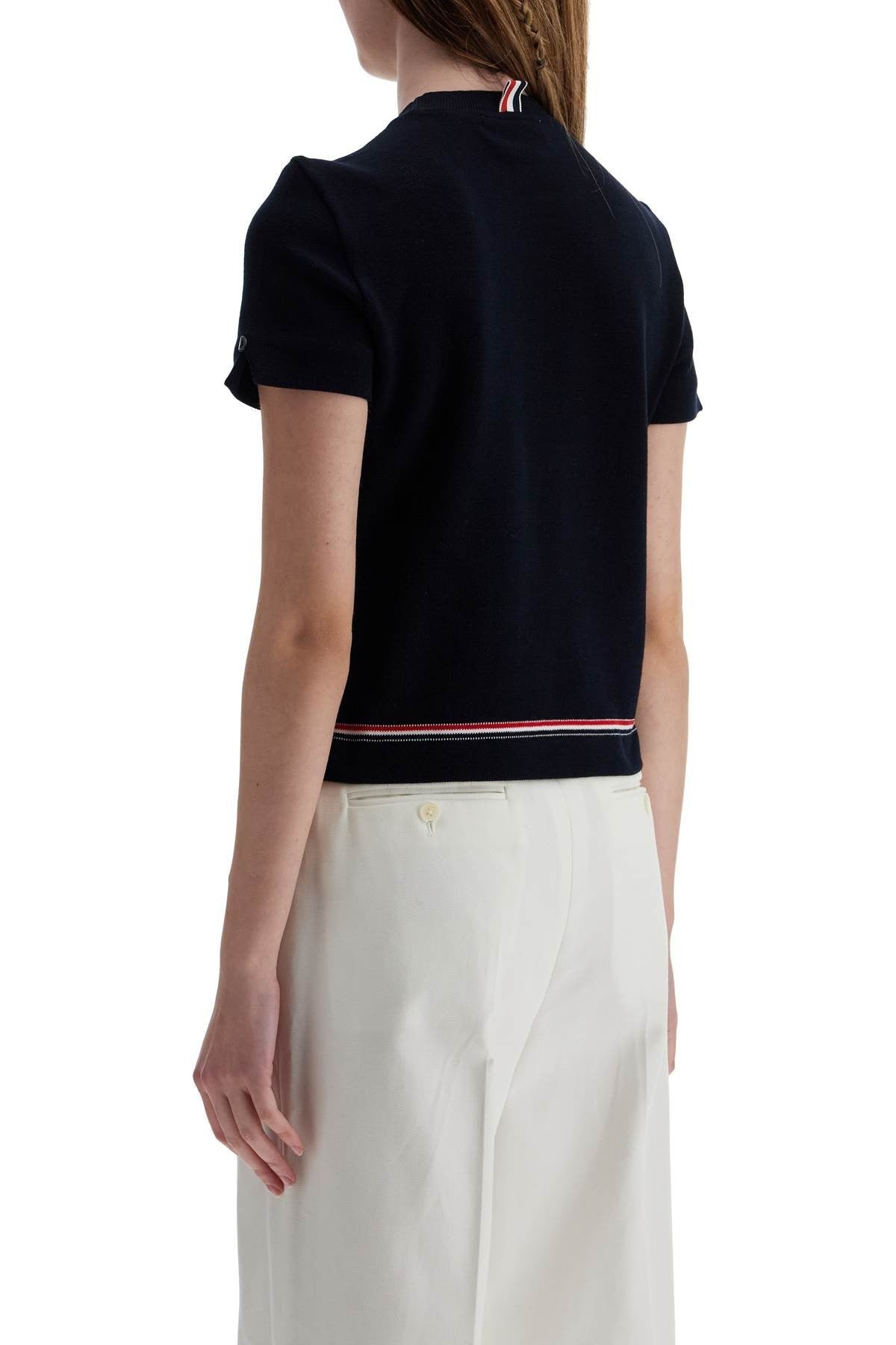 THOM BROWNE navy blue piqué cotton t-shirt with tricolor stripe