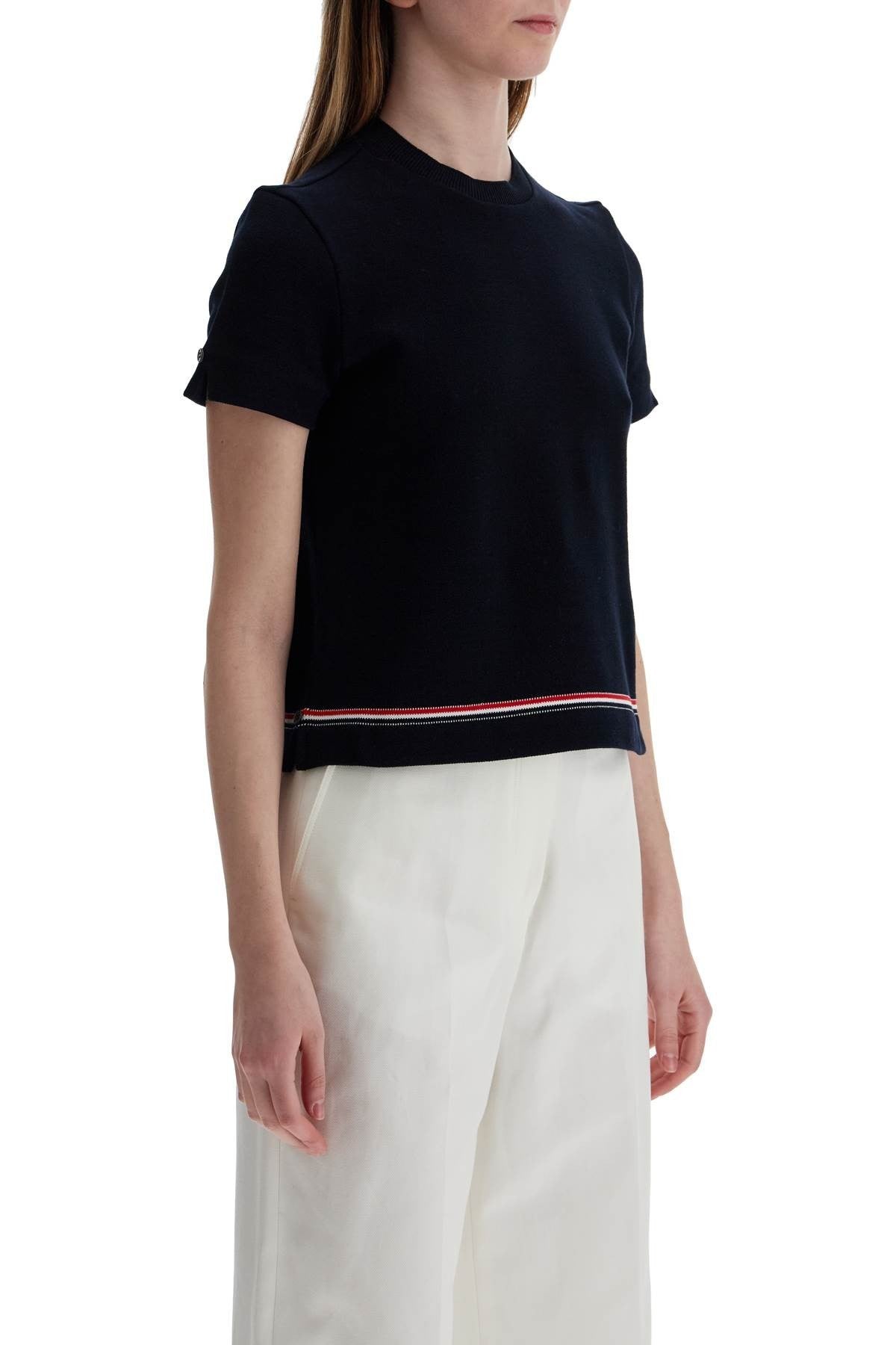 THOM BROWNE navy blue piqué cotton t-shirt with tricolor stripe