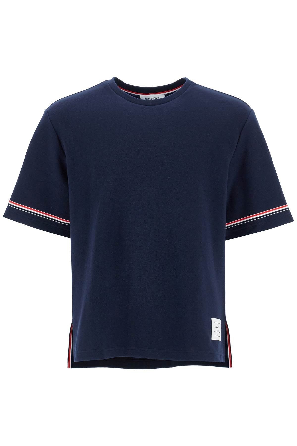 THOM BROWNE navy blue striped cotton t-shirt with wide neck