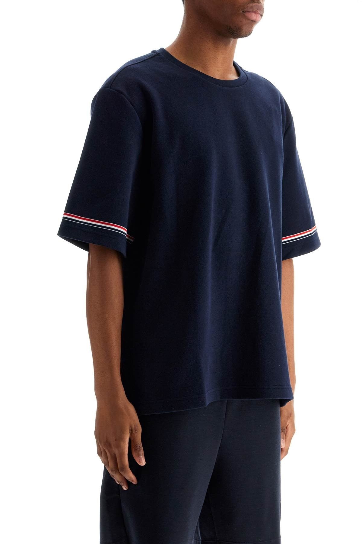 THOM BROWNE navy blue striped cotton t-shirt with wide neck