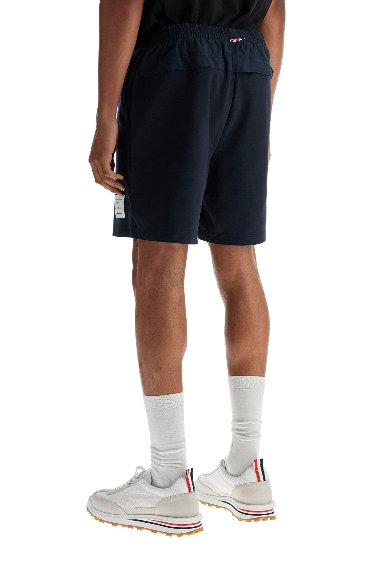 THOM BROWNE navy combo mid thigh ripstop and wool shorts