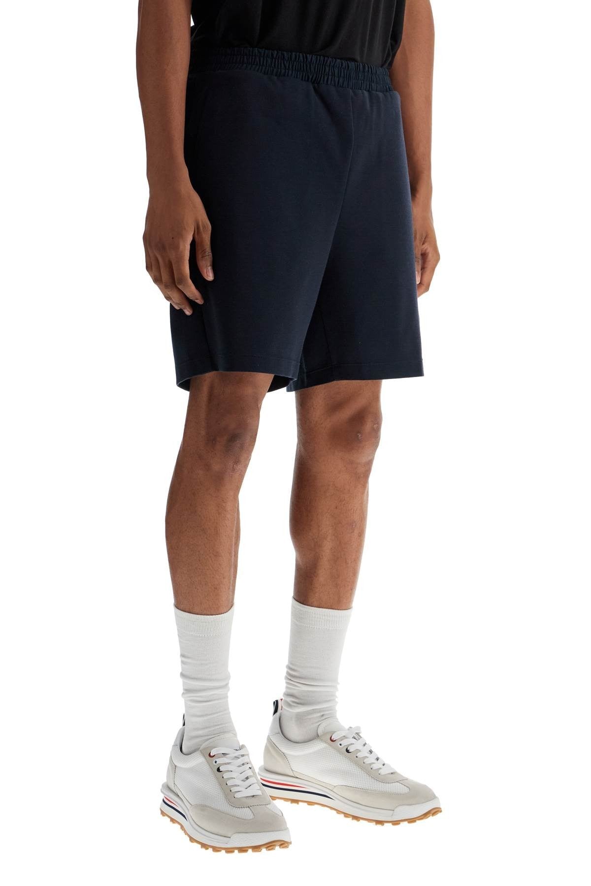 THOM BROWNE navy combo mid thigh ripstop and wool shorts