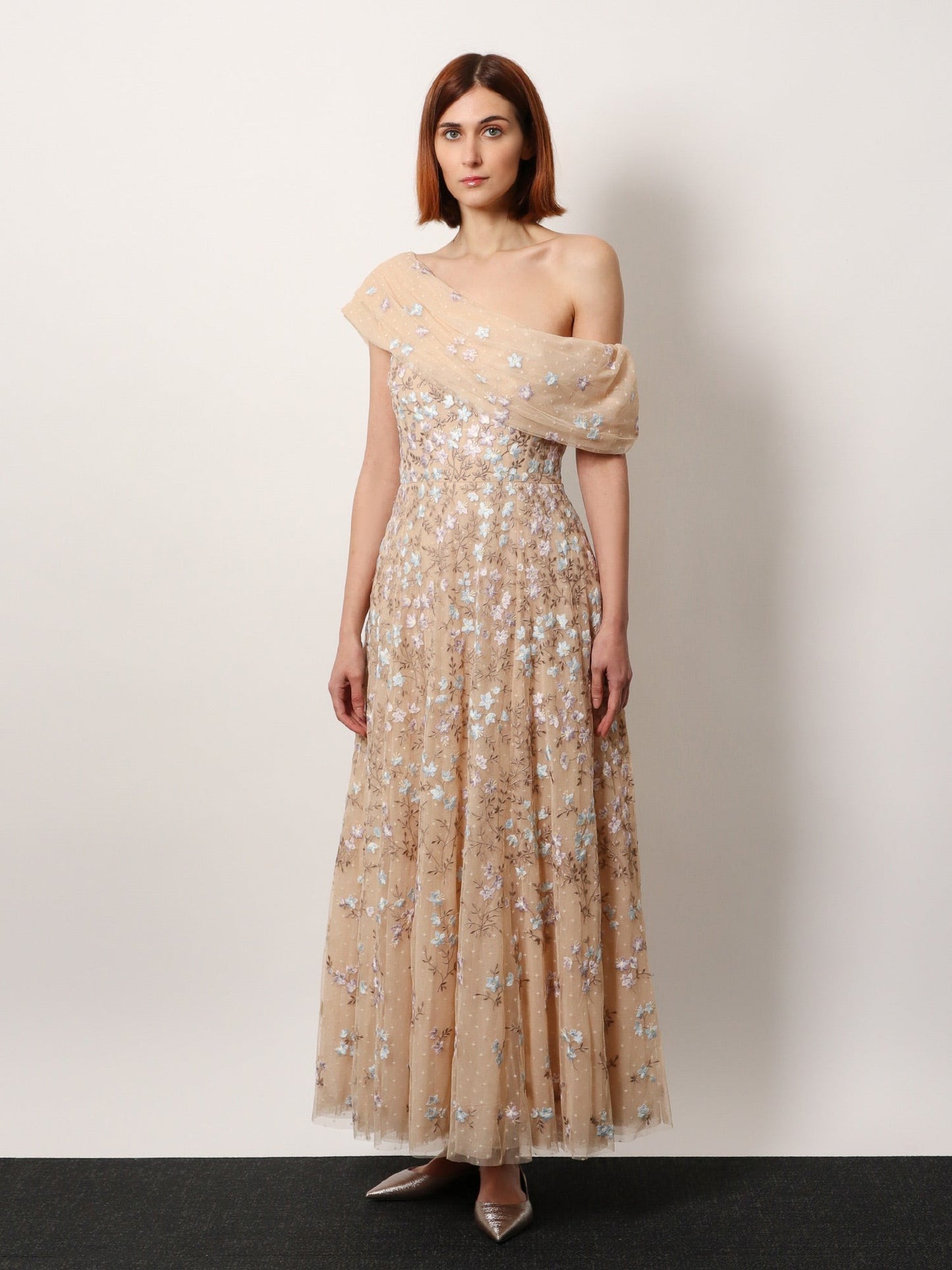 NEEDLE & THREAD One-shoulder long dress with multicolor embroidery