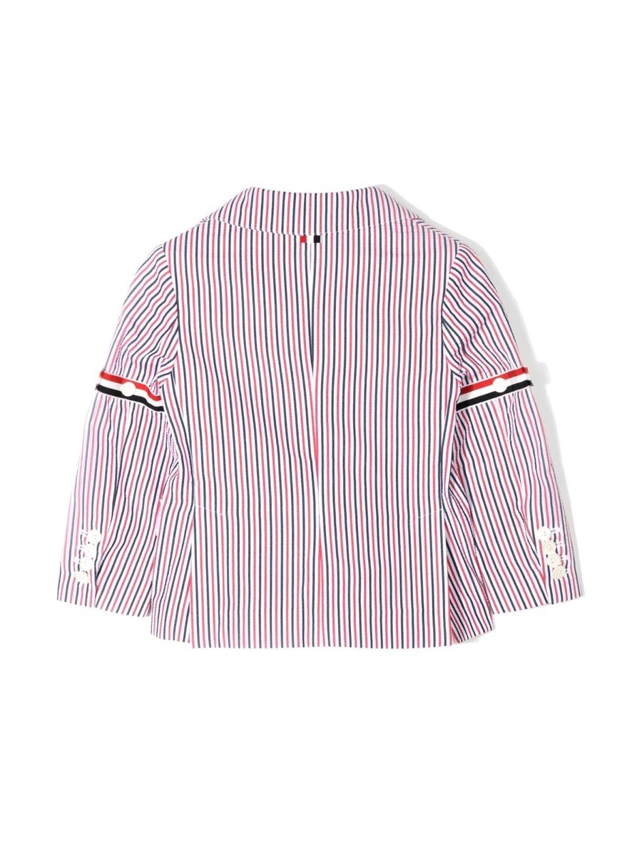 THOM BROWNE PATCH POCKET SPORT COAT W/ RWB ARMBANDS IN SEERSUCKER STRIPE