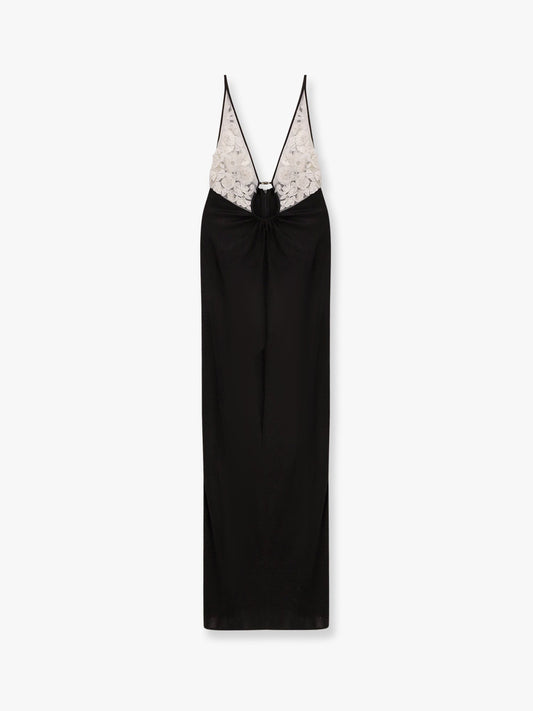 Elisabetta Franchi Red carpet embroidery long dress with voile inserts and flowers detail