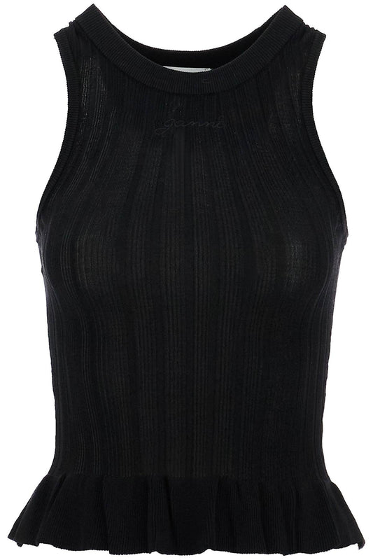 GANNI ribbed knit tank top with spaghetti straps