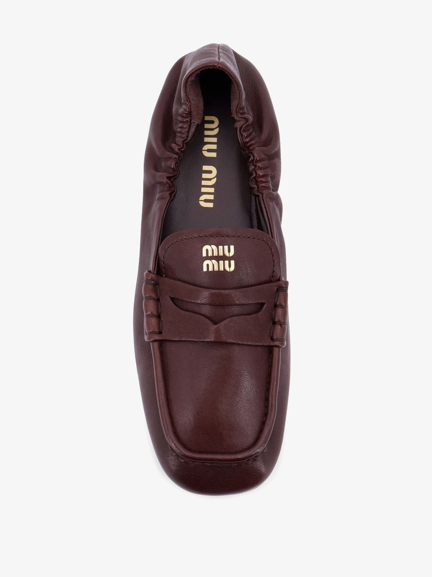 Miu Miu Ruches leather loafers with lettering logo