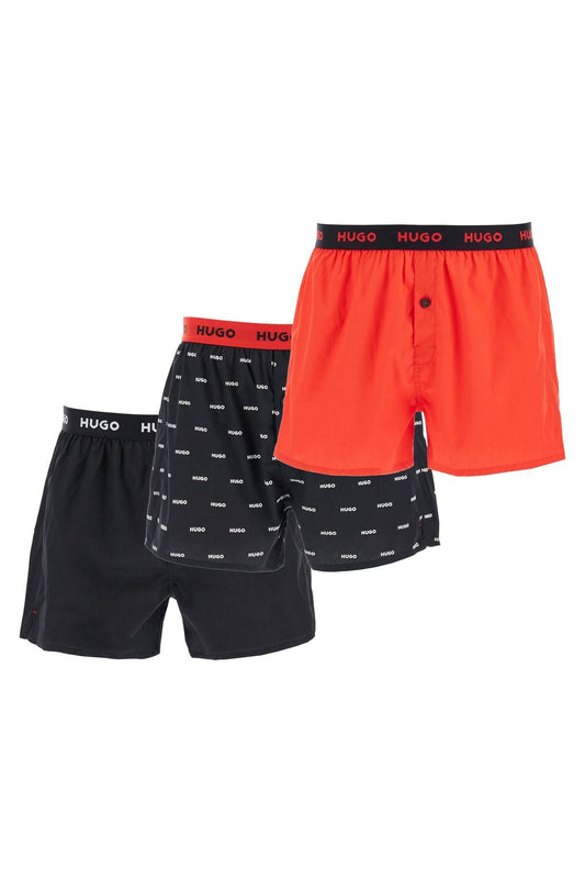 Hugo set di 3 boxer in cotone loose con bottoni rosso e nero