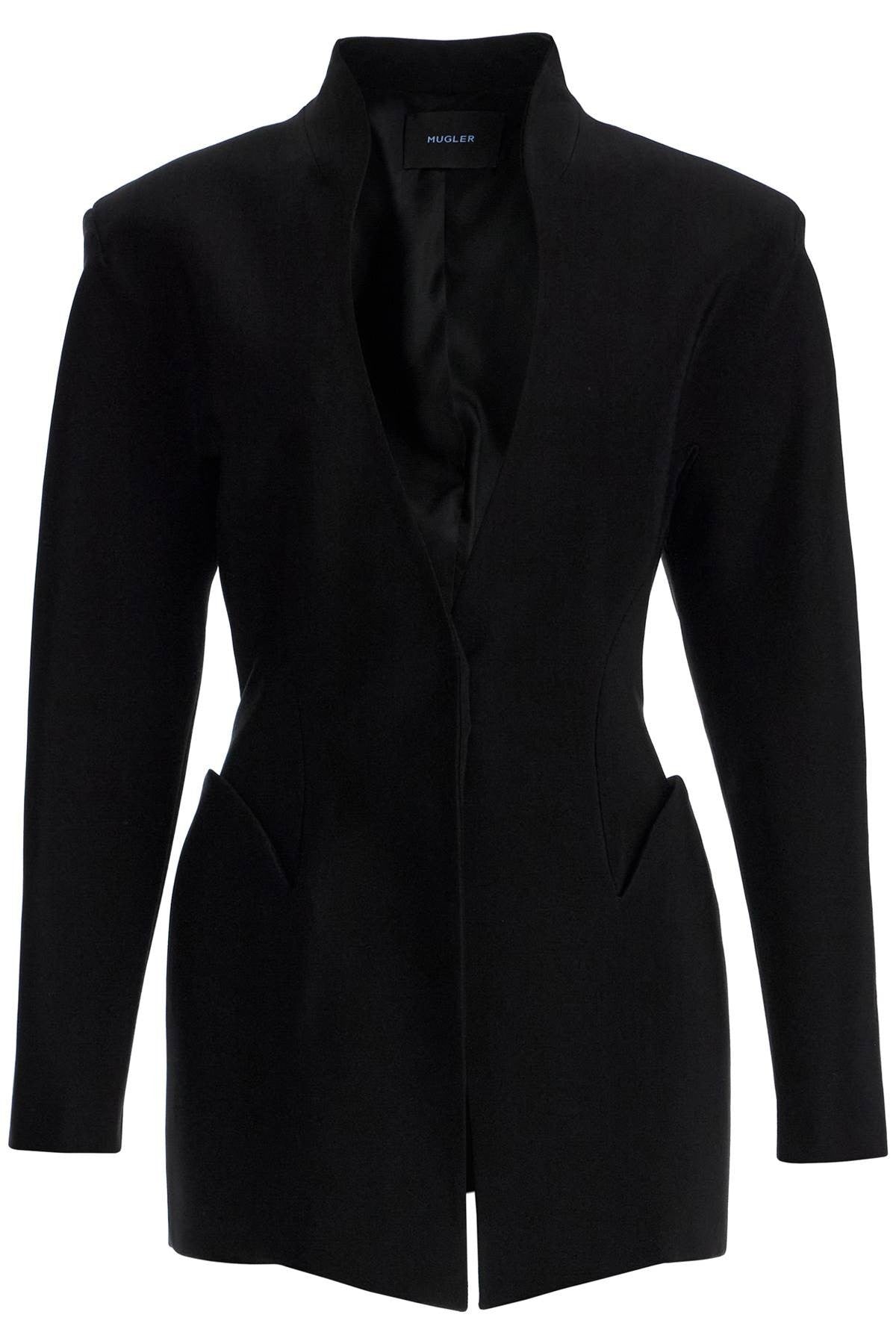 MUGLER short black v-neck jacket with contemporary design