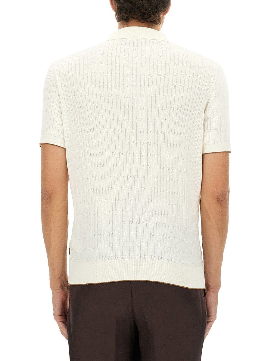 BOSS CAMEL SILK AND COTTON BRAIDED POLO SHIRT