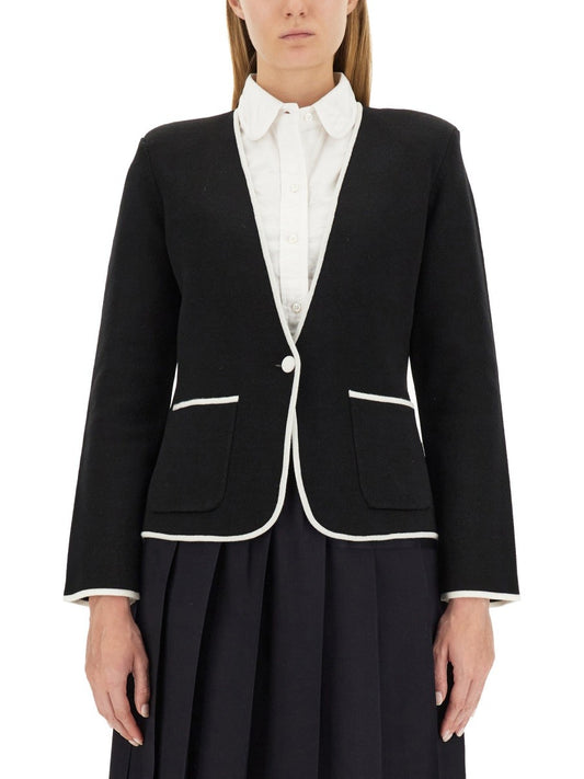 THOM BROWNE SINGLE-BREASTED COLLARLESS JACKET