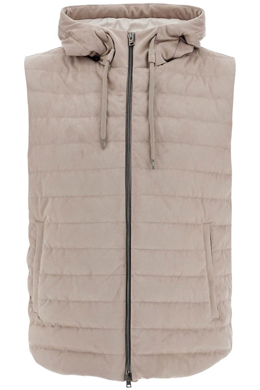 Herno sleeveless down jacket in dove gray polyester with quilted hood