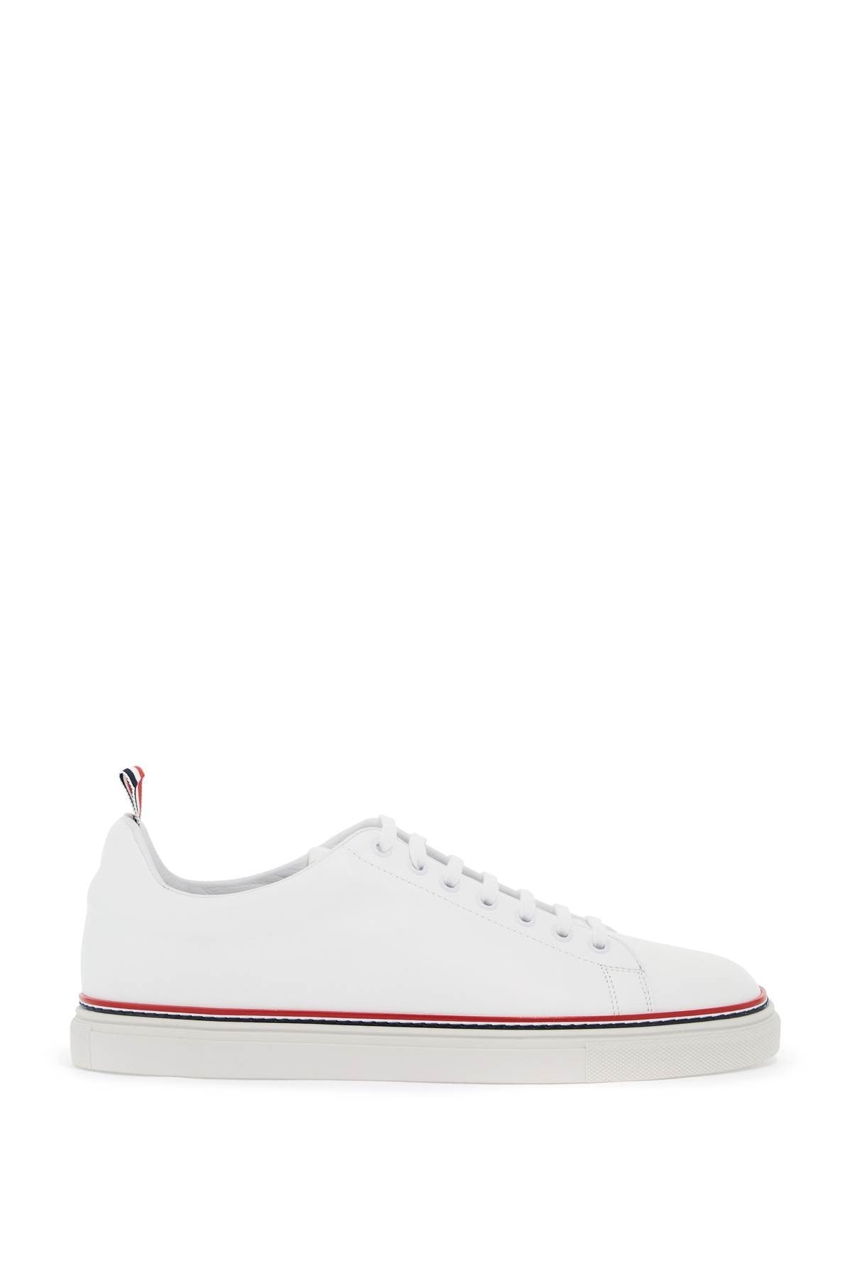 THOM BROWNE smooth leather sneakers with tricolor detail.