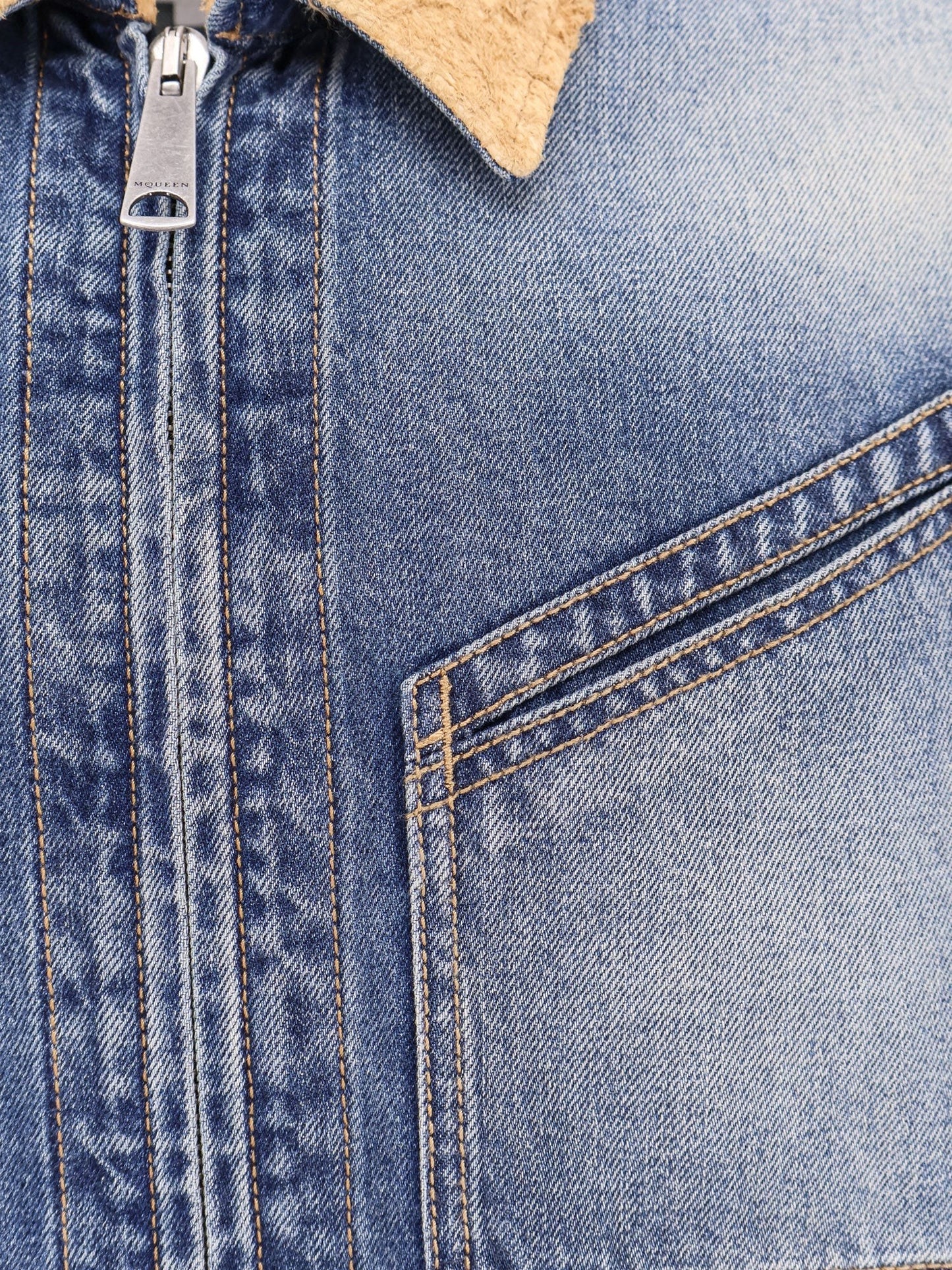 Alexander Mcqueen Washed blue ddenim jacket with suede collar