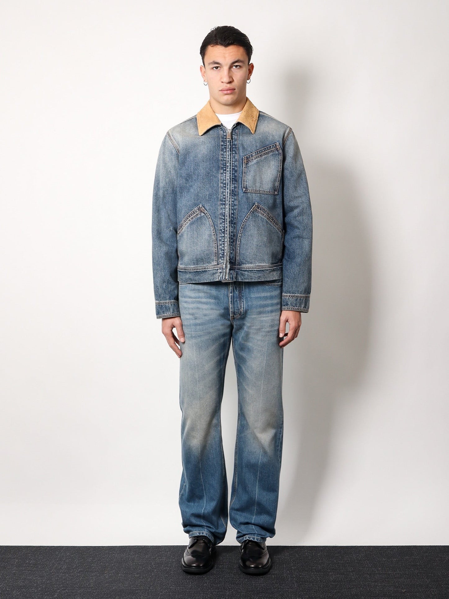 Alexander Mcqueen Washed blue ddenim jacket with suede collar