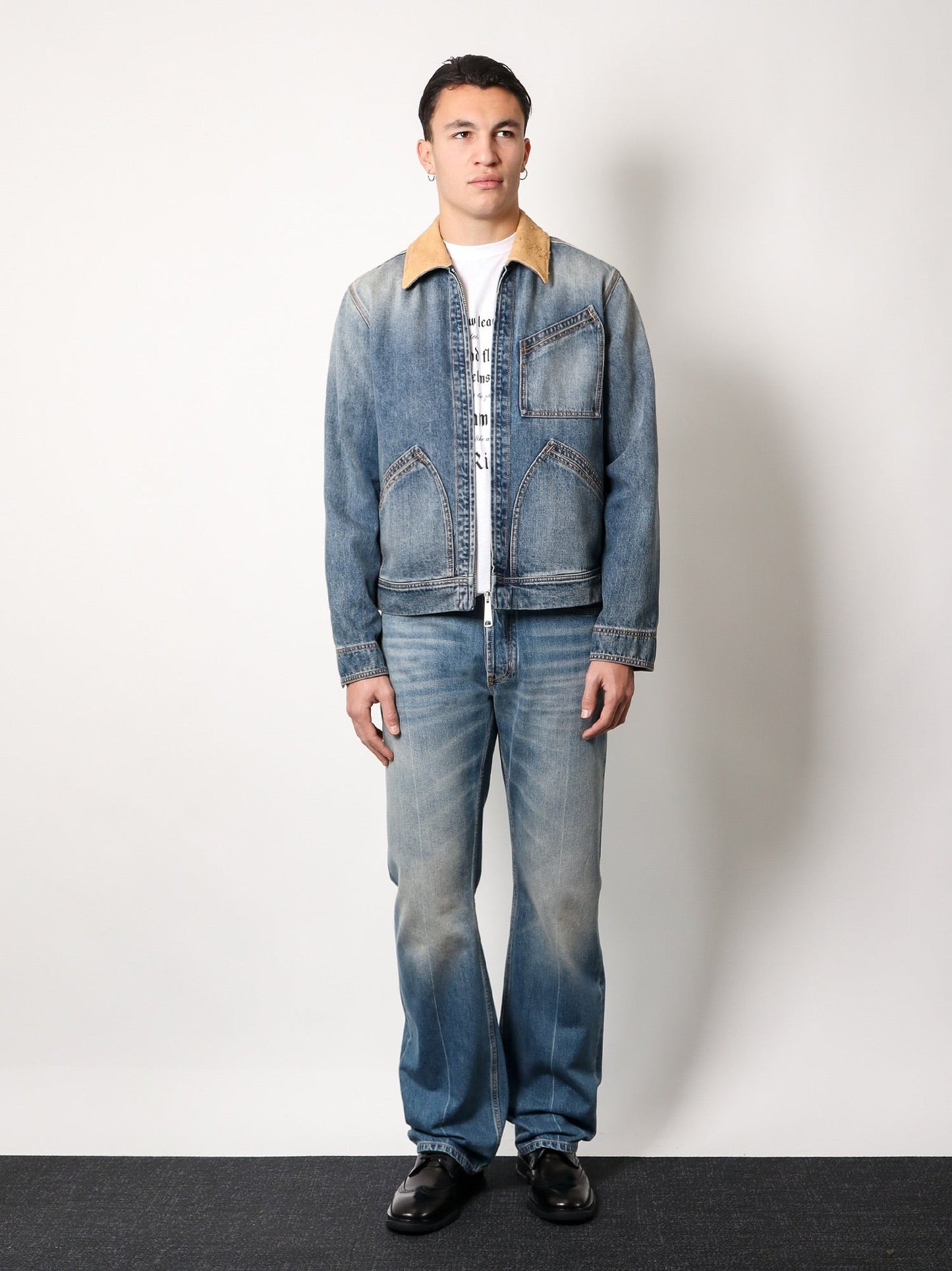 Alexander Mcqueen Washed blue ddenim jacket with suede collar