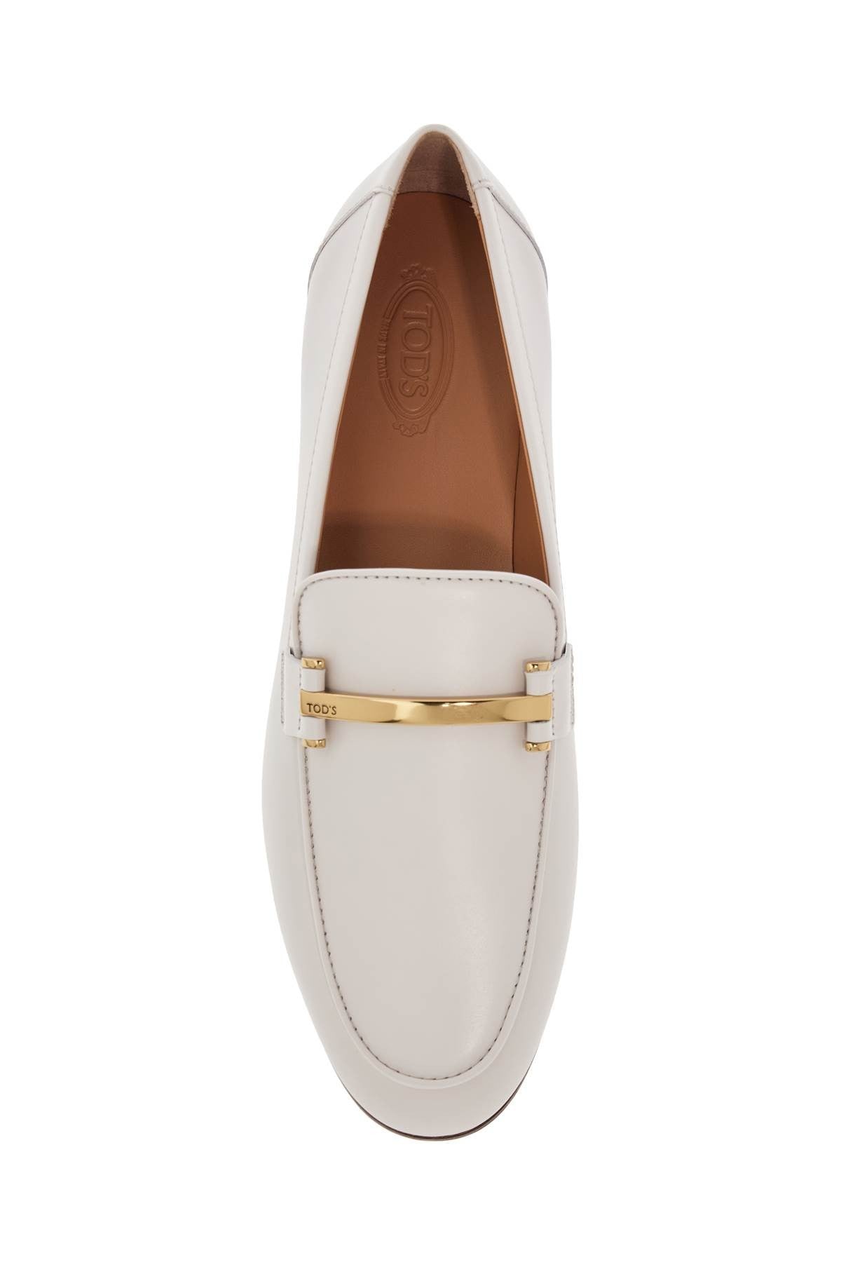 TOD'S white calfskin moccasin with gold bar and velcro closure