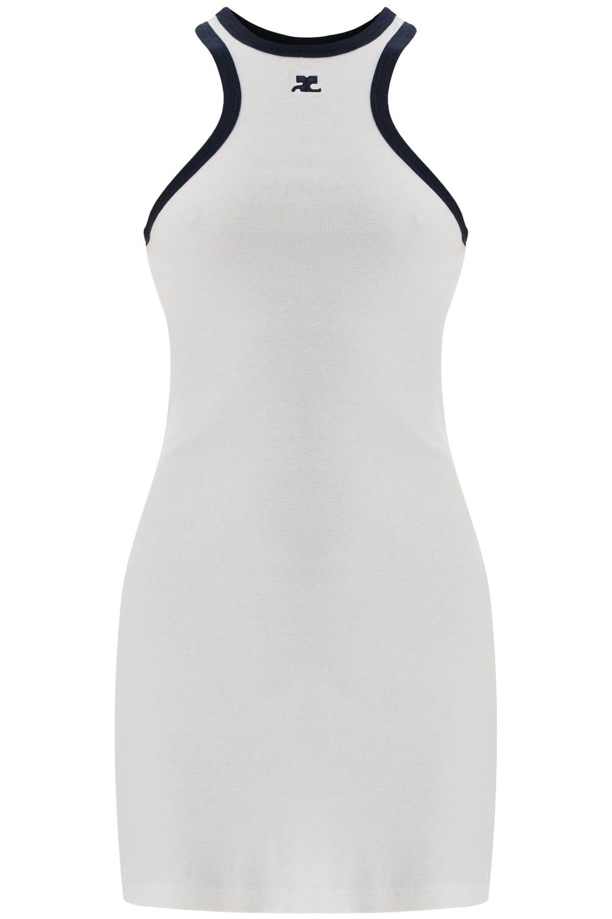 COURREGES white cotton mini dress with navy blue details and halter neck