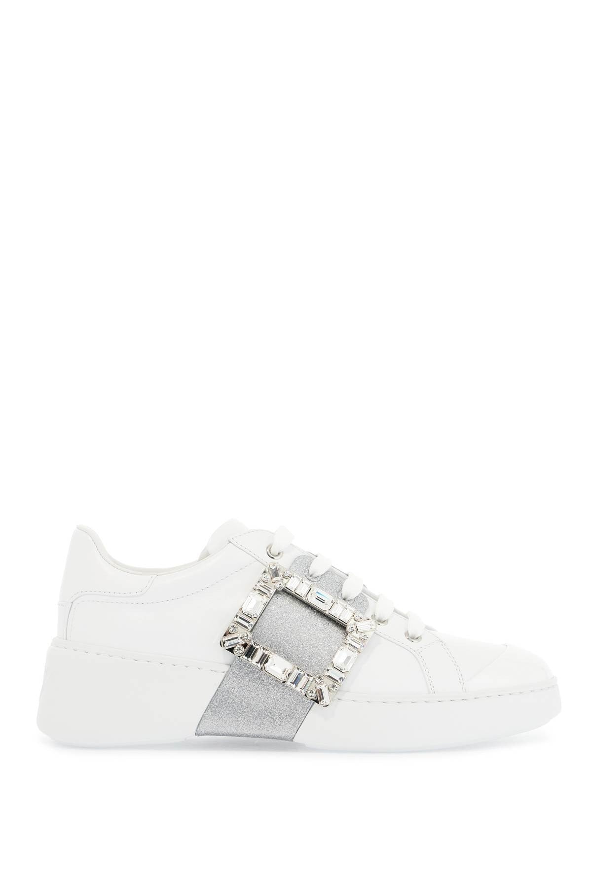 ROGER VIVIER white viv skate sneakers with rhinestone buckles