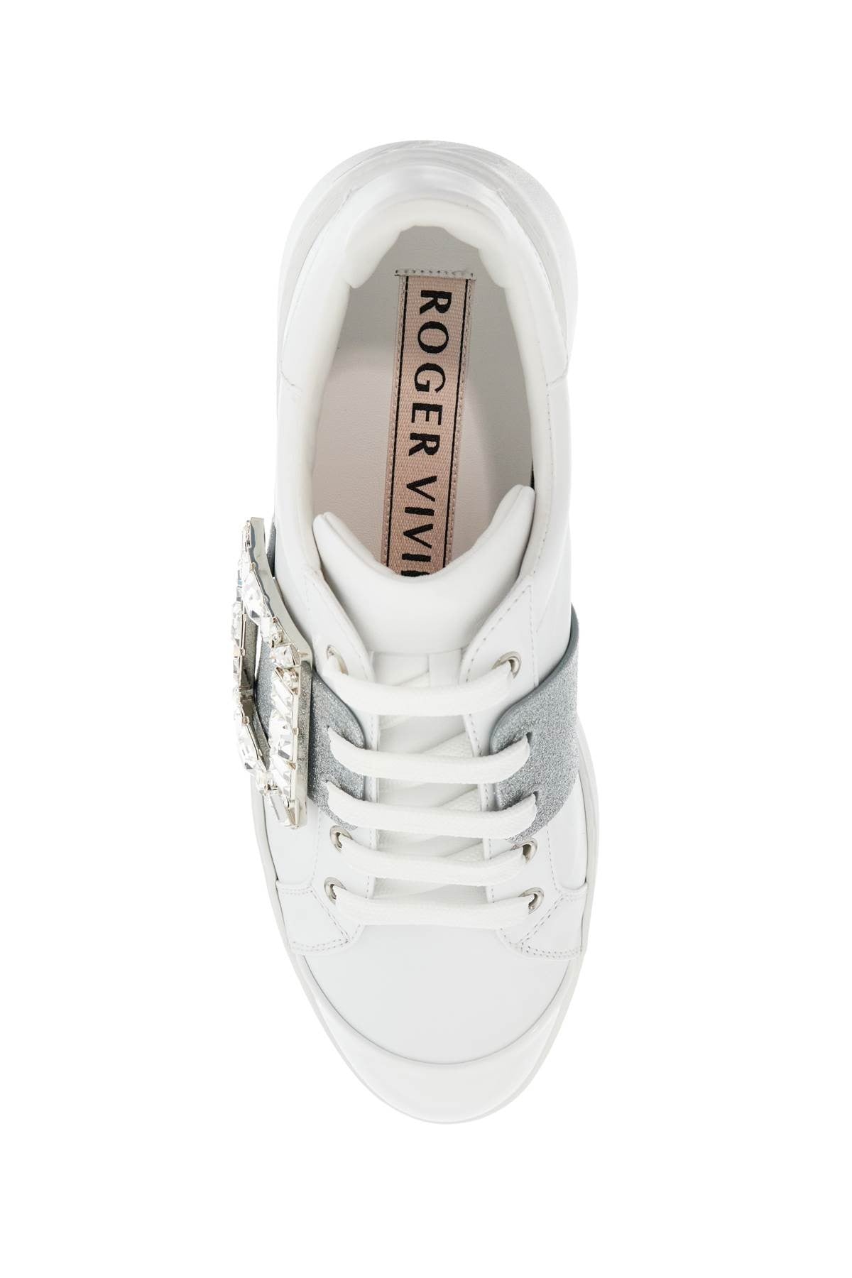 ROGER VIVIER white viv skate sneakers with rhinestone buckles