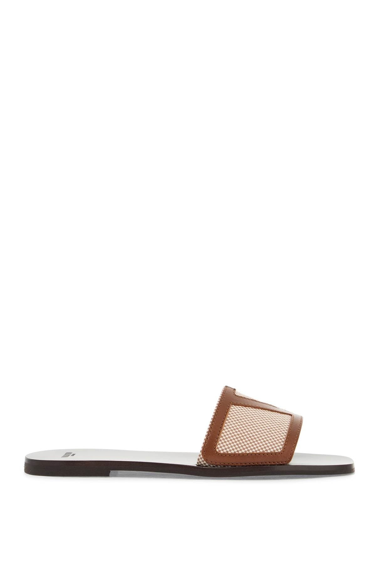 Valentino Garavani women's slippers in natural fabric and leather/tobacco with wide check pattern strap