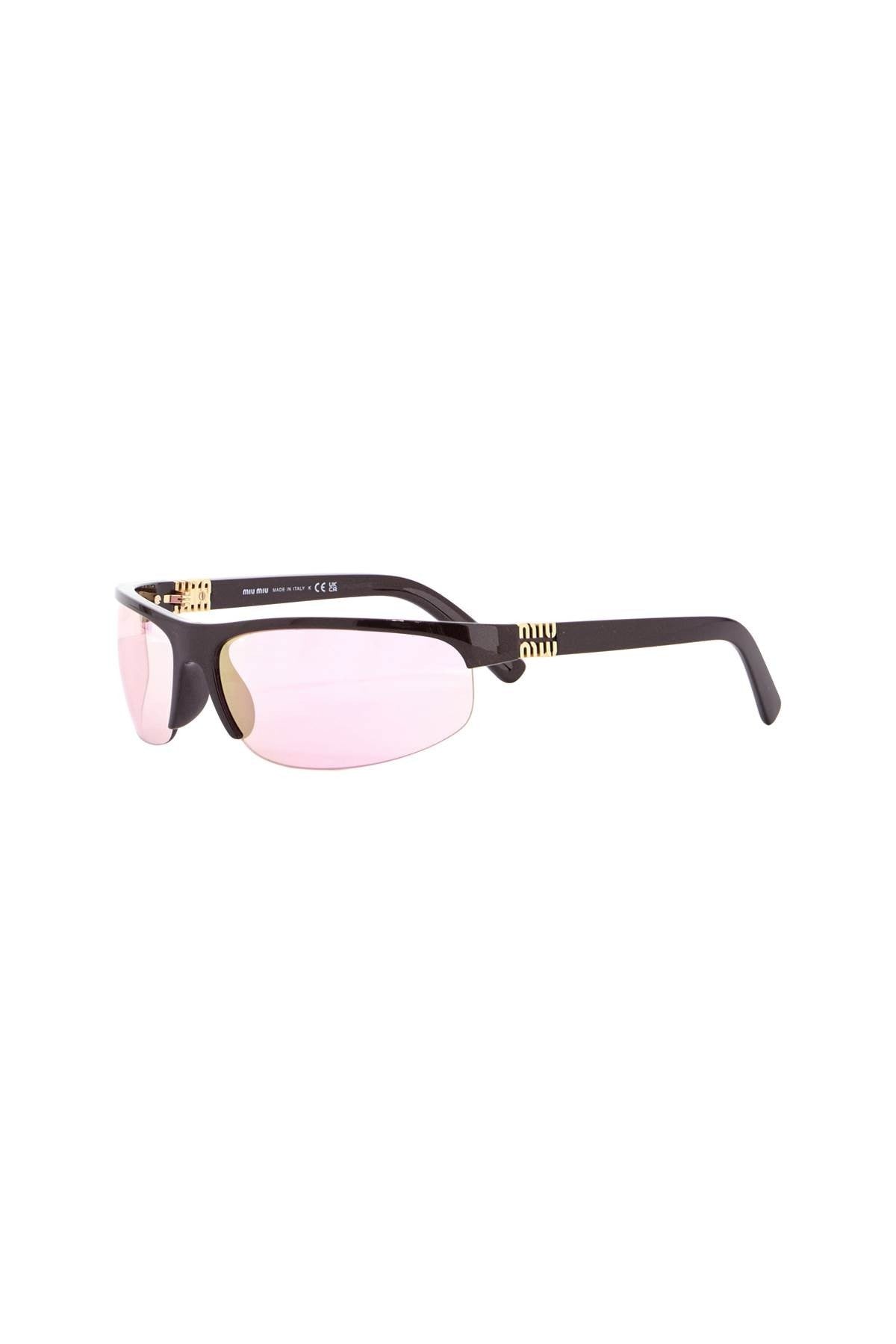 Miu Miu wraparound sunglasses dark brown metallic pink lenses 2025