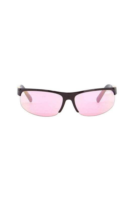 Miu Miu wraparound sunglasses dark brown metallic pink lenses 2025